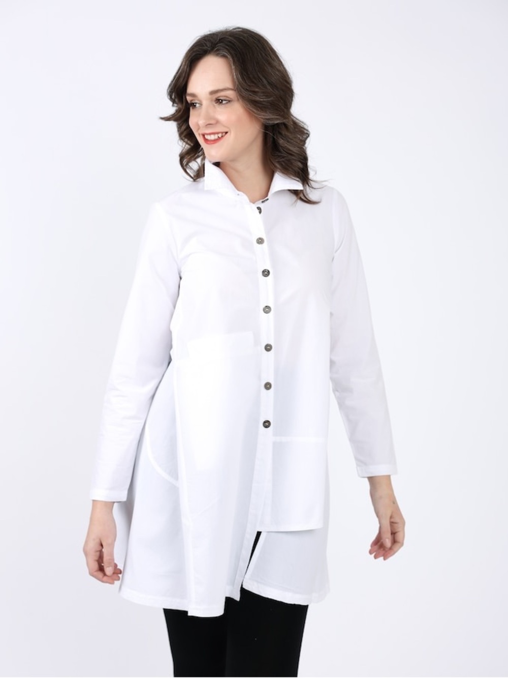 White Longline Button-Front Poplin Shirt